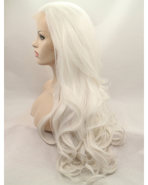 Without Bangs White 27" Curly Long Lace Front Synthetic Wigs