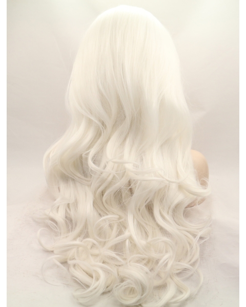 Without Bangs White 27" Curly Long Lace Front Synthetic Wigs