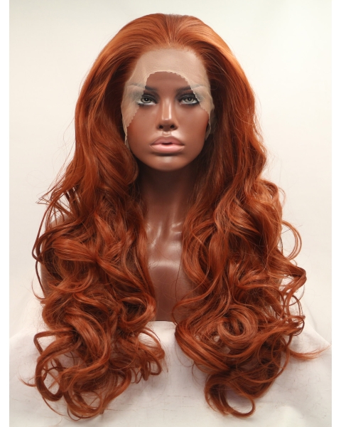 Without Bangs Orange 27" Curly Long Lace Front Synthetic Wigs