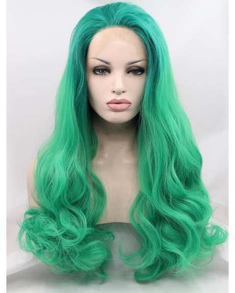 Synthetic Green 26" Curly Lace Front Without Bangs Long Wigs