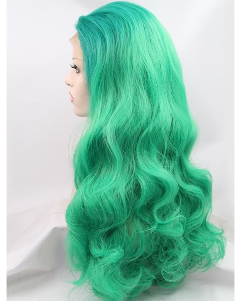 Synthetic Green 26" Curly Lace Front Without Bangs Long Wigs