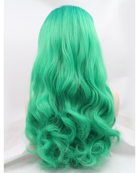 Synthetic Green 26" Curly Lace Front Without Bangs Long Wigs