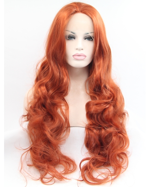 Curly Copper Without Bangs Synthetic Long Lace Front Women Wigs