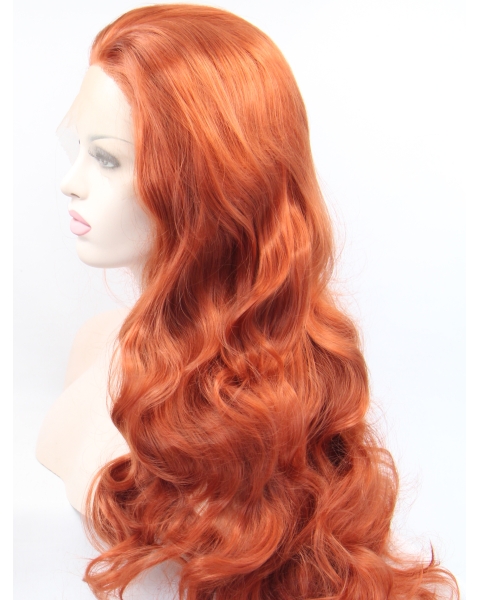 Curly Copper Without Bangs Synthetic Long Lace Front Women Wigs