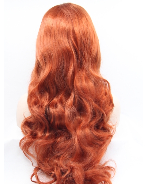 Curly Copper Without Bangs Synthetic Long Lace Front Women Wigs