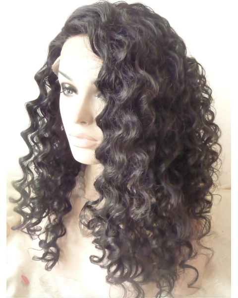   Curly Without Bangs Black Shoulder Length Lace Front Synthetic Women Wigs