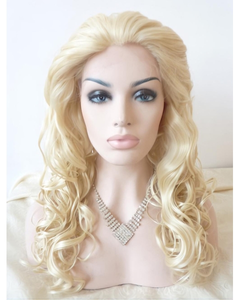  Curly Blonde Without Bangs Lace Front  Long Synthetic Women Wigs