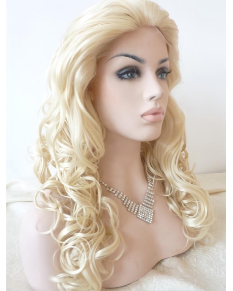  Curly Blonde Without Bangs Lace Front  Long Synthetic Women Wigs