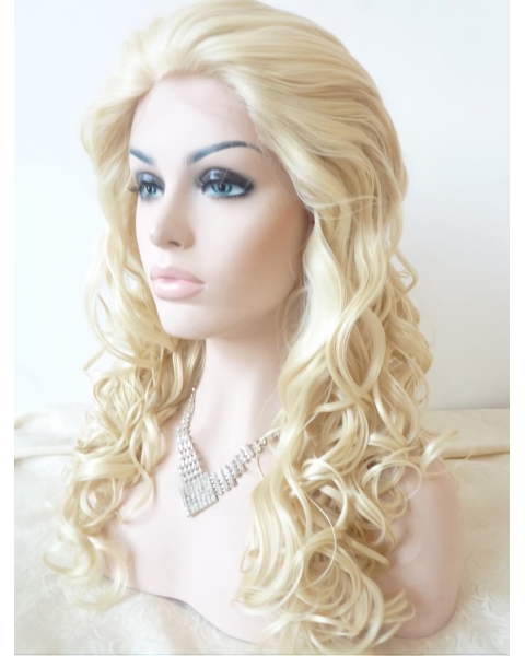  Curly Blonde Without Bangs Lace Front  Long Synthetic Women Wigs