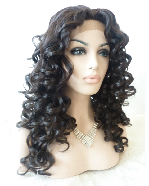 Beautiful Black Curly Without Bangs Shoulder Length Lace Front Synthetic Women Wigs