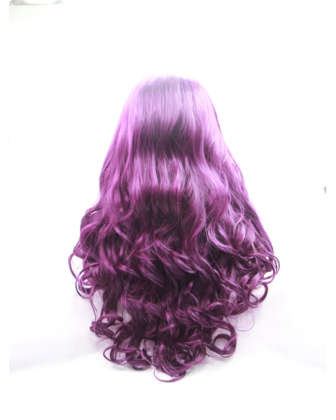  Curly Synthetic Purple Without Bangs Long Lace Front Women Wigs