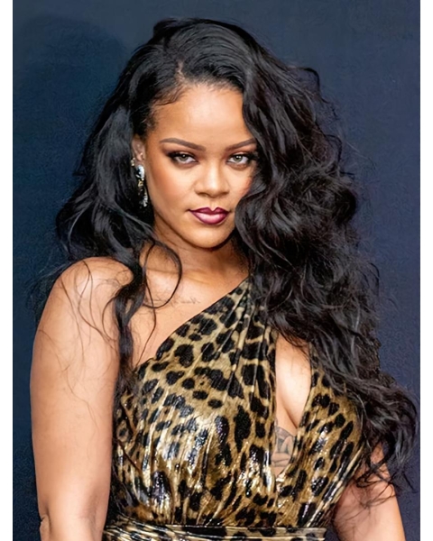 Black Curly Without Bangs Lace Front Long  Synthetic Women Rihanna Wigs