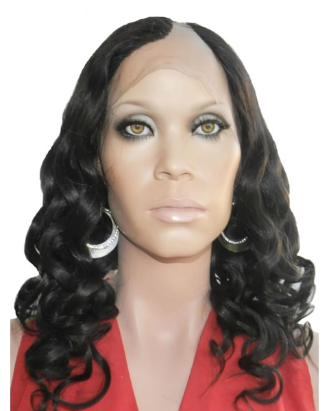 Sassy Black Curly Lace Front Long Human Hair U Part Women Wigs