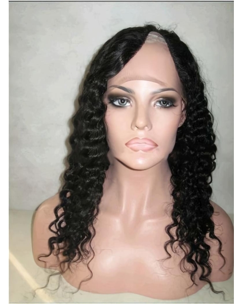 Popular Black Curly Lace Front Long Human Hair U Part Women Wigs