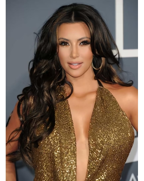 Shining Black Curly Monofilament Lace Front Long Human Hair Kim Kardashian Women Wigs