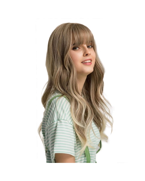 Blond Long Wavy Synthetic Wigs with Fluffy Air Bangs For Women