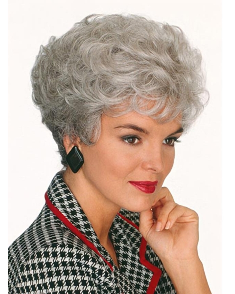 Sexy Women's Side Part Short Bob Curly Hairstyles Grey Lady Classic Short Capless Wigs 