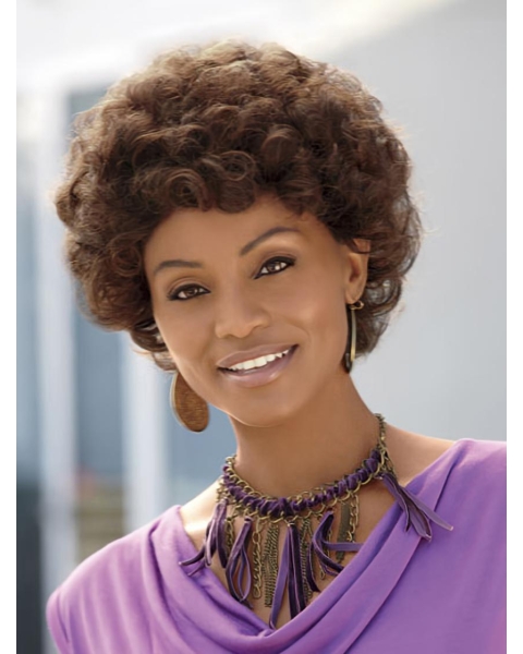 Short Curly Dark Brown Mixed Color Layered Hairstyle with Full Bangs Capless African American Wigs For Black Women