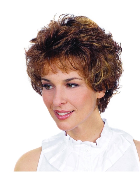 Short Curly Hairstyle Women's Natural Looking Brown Curly Synthetic Hair Capless Wigs 8Inch