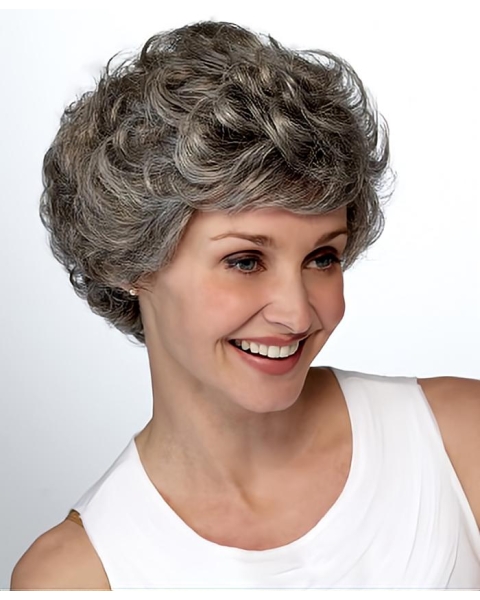 Latest Trend Short Hairstyle Unique Natural Curly Synthetic Hair Grey Lace Front Wig