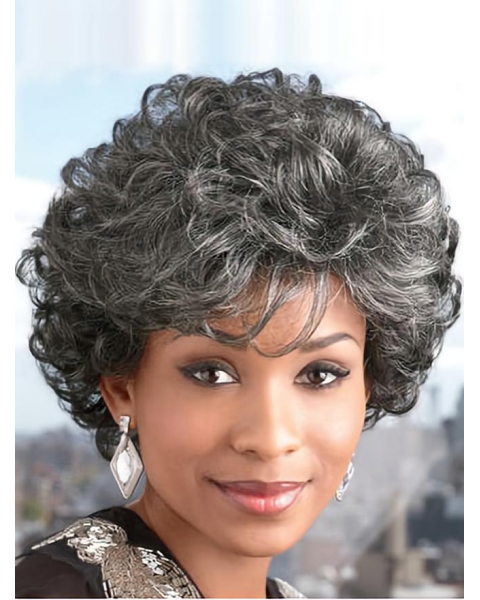 Ideal Curly Short Heat Friendly Synthetic Grey Wigs For Older Women