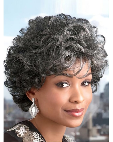 Ideal Curly Short Heat Friendly Synthetic Grey Wigs For Older Women