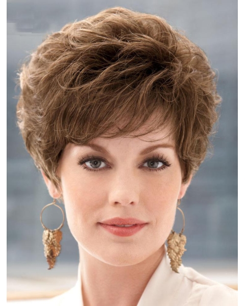 Short Curly Brown Mixed Color Layered Hairstyle with Full Bangs Capless Synthetic Hair 10 Inches