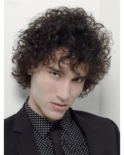 Sleek Black Curly Short Men Wigs