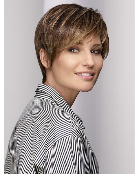 Straight Brown 8" Short Synthetic With Bangs Lace Front Wigs