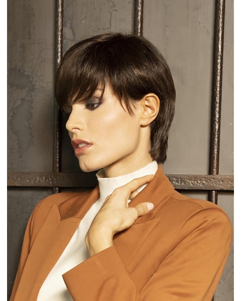 Natural Looking Straight Monofilament Brown Synthetic 6Inch Boycuts Short Lace Front Wigs For Sale