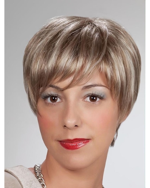 Short Blonde Pixie Cut 8Inch Straight Synthetic Mono Wigs For Older Women