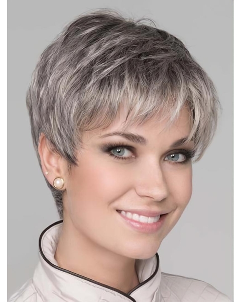 Natural Looking Short Grey 8Inch Straight Synthetic Mono top Synthetic Wigs