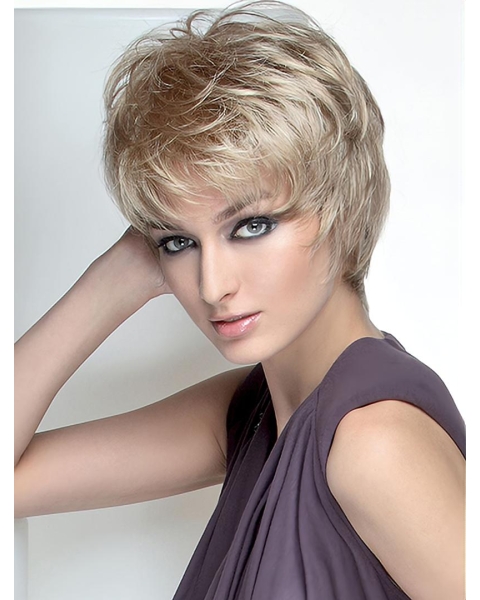 Straight Short Blonde Synthetic Boycuts Mono Wig False