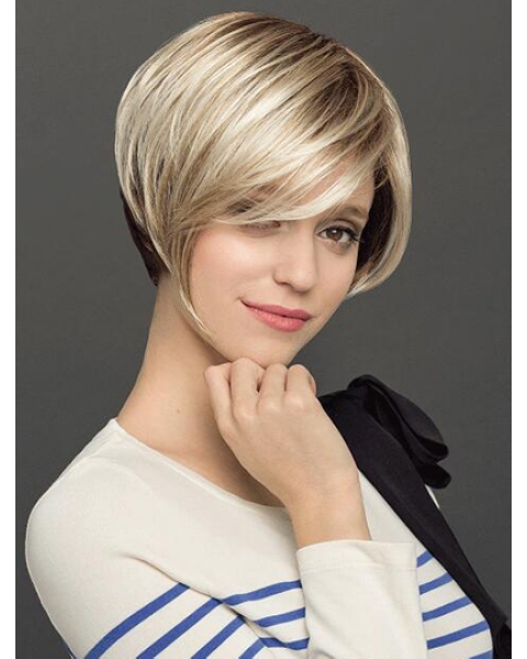 Short 8" Capless Platinum Blonde Straight Ladies Bob Wigs