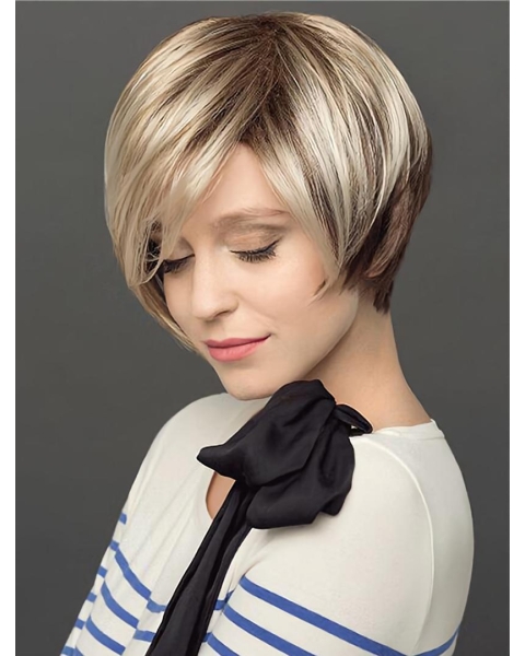 Short 8" Capless Platinum Blonde Straight Ladies Bob Wigs