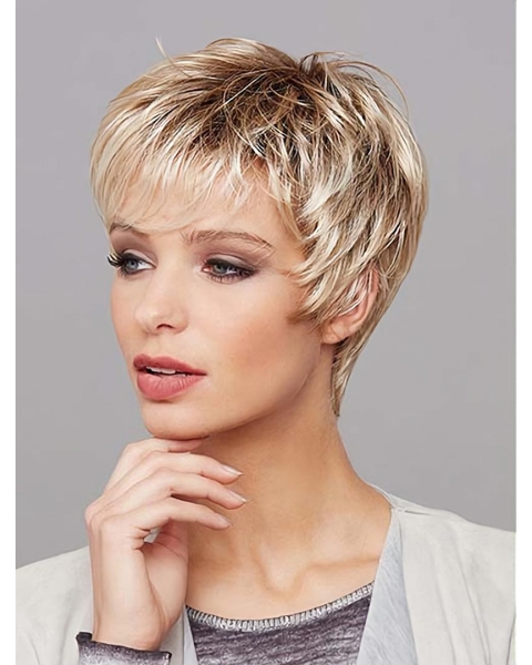 8" Platinum Blonde Short Layered Straight Synthetic Wigs