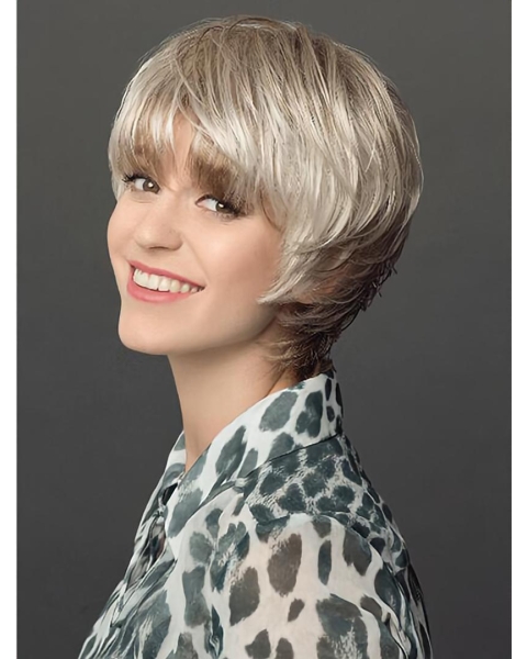 8" Platinum Blonde Short Layered Straight Synthetic Wigs Women