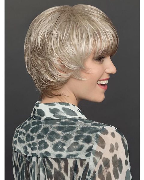 8" Platinum Blonde Short Layered Straight Synthetic Wigs Women