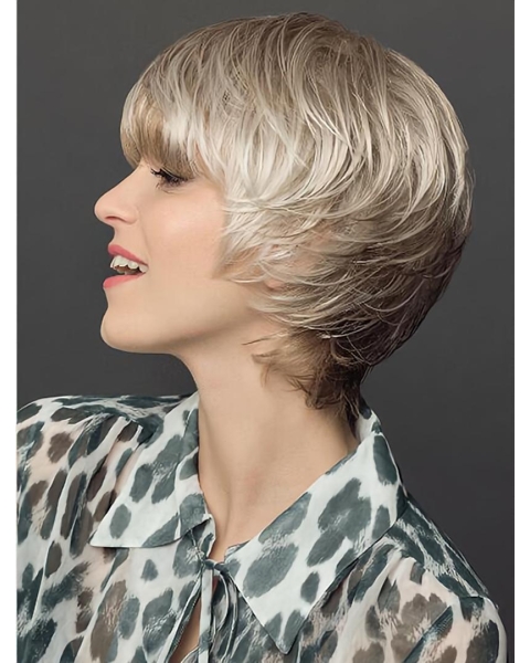 8" Platinum Blonde Short Layered Straight Synthetic Wigs Women