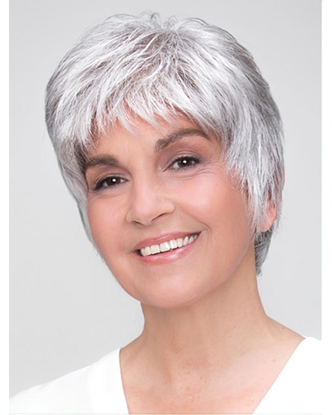 100% Hand-tied Grey Short Straight 8" Boycuts Synthetic Wigs Good Quality