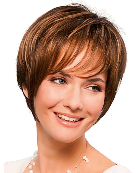 8" Straight Short Copper Synthetic With Bangs Hand Tied Wigs