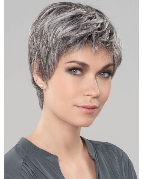 Straight Short 6" Monofilament Style Grey Wigs