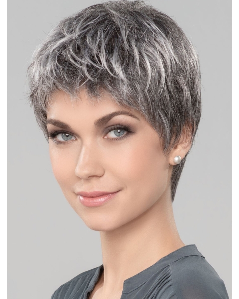 Straight Short 6" Monofilament Style Grey Wigs