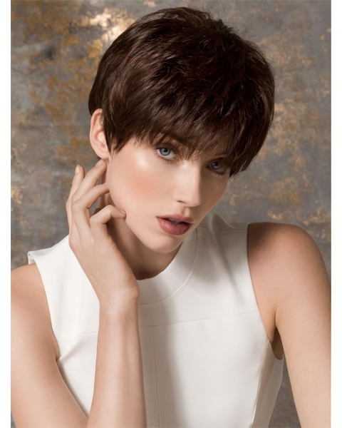 Unique Straight Brown Cropped Petite Monofilament Wigs 