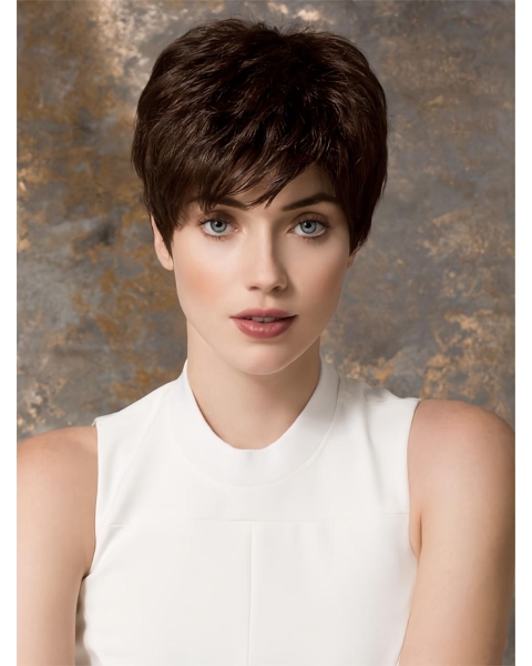 Unique Straight Brown Cropped Petite Monofilament Wigs 