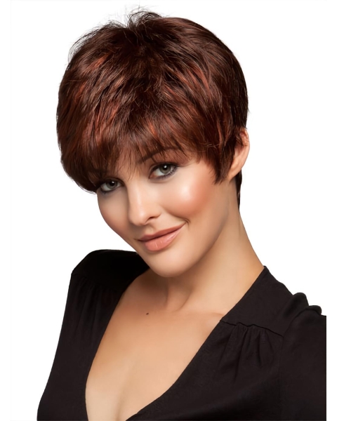 Unique Straight Brown Cropped Petite Monofilament Wigs 