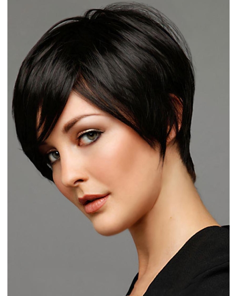 Black Straight Remy Human Hair Shining Short Wigs