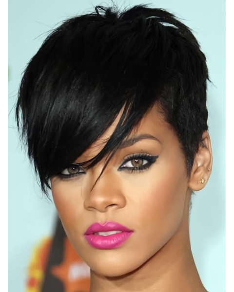 Rihanna Cool-looking Short Straight Capless Human Hair Wig with Bangs