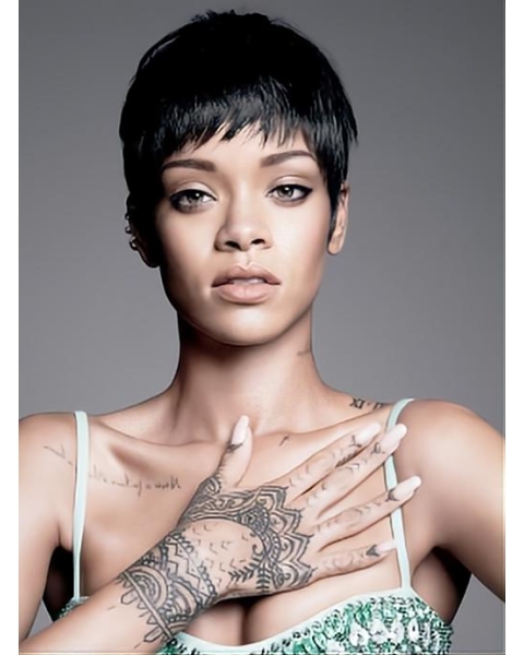 Rihanna Pixie Cut Short Straight Lace Front Human Hair Wig with Bangs