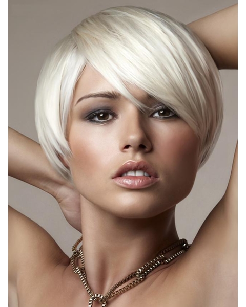 Young Fashion Platinum Blonde With Side Bangs Short  Capless Wigs